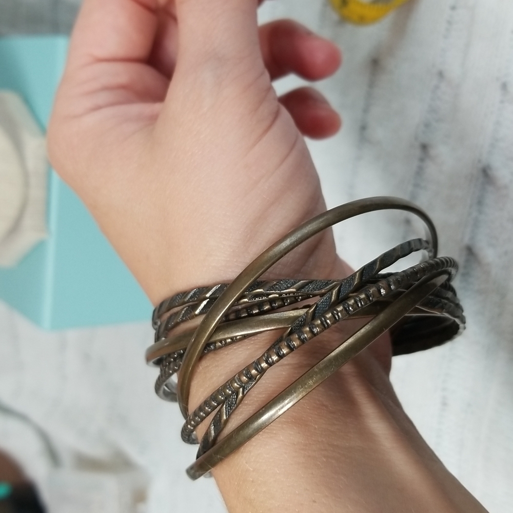 Pewter Colored Textured Attached 9 Bangle Bracelet Set